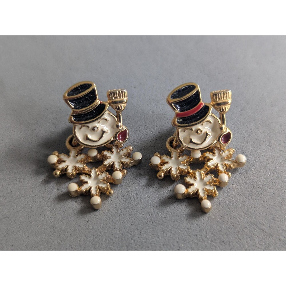 Vintage Snowman Snowflake Dangle Earrings Gold Tone Enamel Christmas Holiday